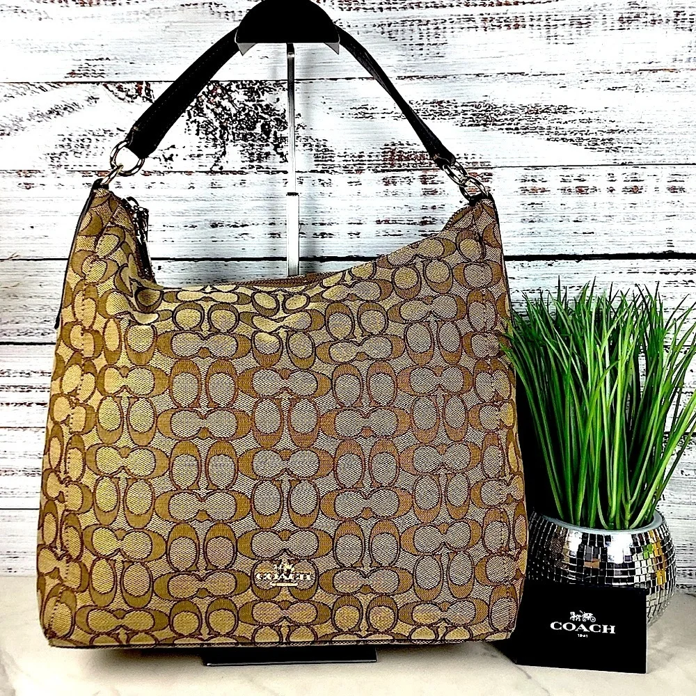 COACH HOBO BAG OUTLINE SIGNATURE CELESTE KHAKI TAN BROWN PURSE GUC - Picture 2 of 12